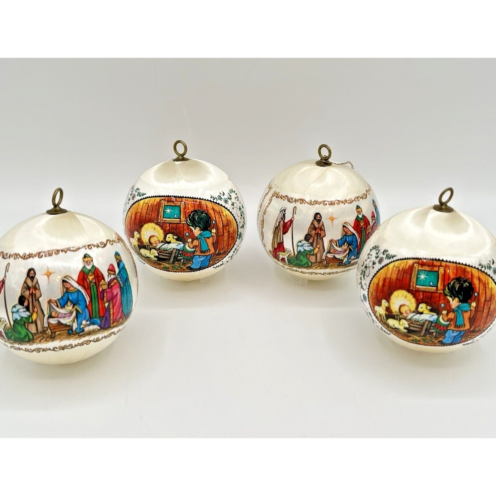 Vtg lot of 4 White Satin Christmas Ornaments Nativity Wise Men silk wrapped ball